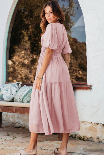 Pink Puff Sleeve Pleated High Waist Flowy Long Dress