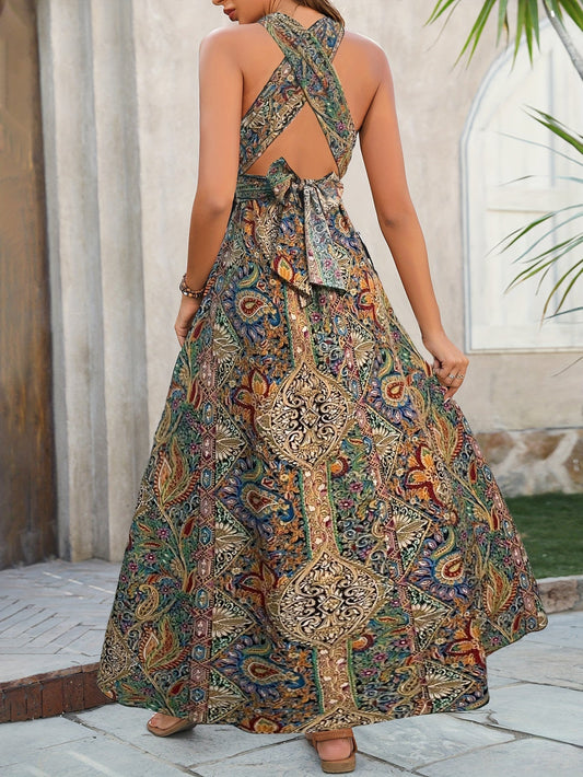 Women's Maxi Dress Blue Paisley Print Lightweight Fabric-2