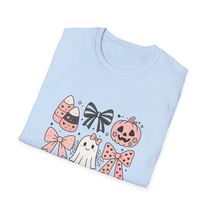 Halloween Themed Unisex Softstyle T-Shirt with Cute Bows and Ghosts, Spooky Shirt, Fall Fashion, Trick or Treat, Gift for Her