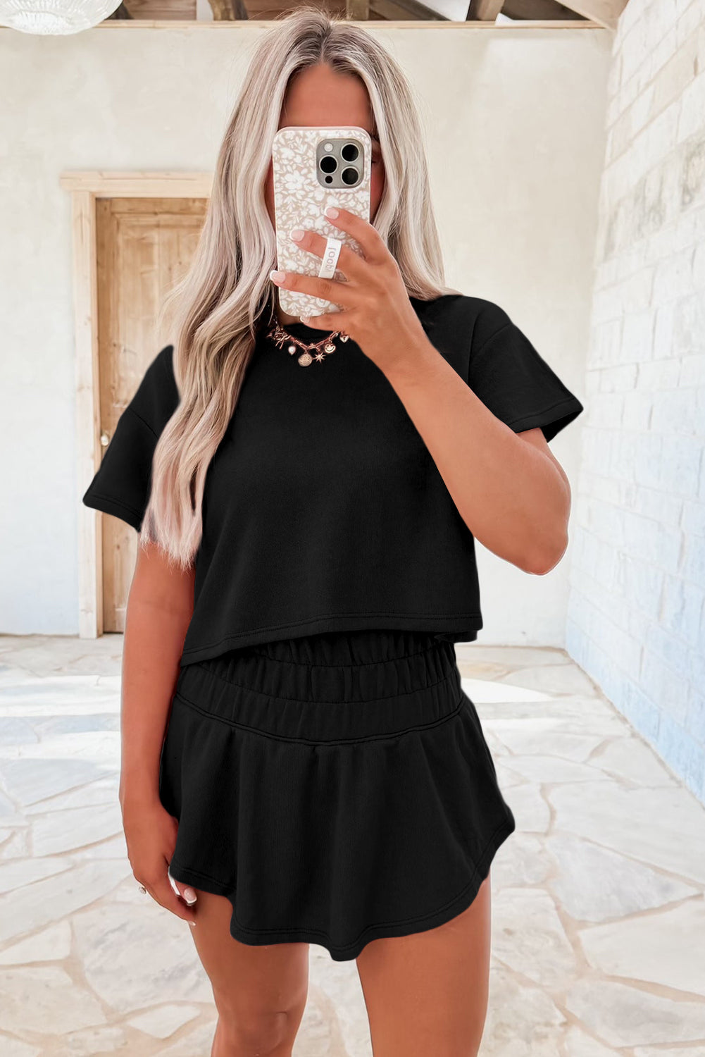 Women's Cropped Tee and Ruffle Skort Set - View 3 | Hensley London