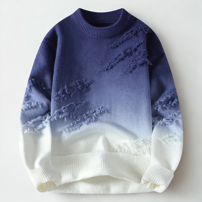 Men's Ombre Crew-Neck Jumper with Frayed Accents in Blue – front product view | Hensley London