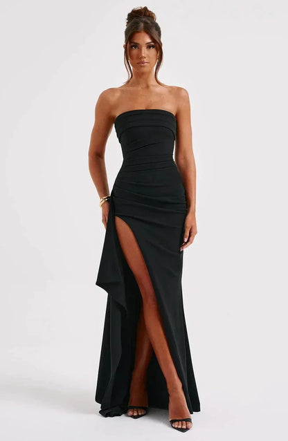 Women's Evening Gown Black Size M Polyester Strapless Thigh-High Slit-1
