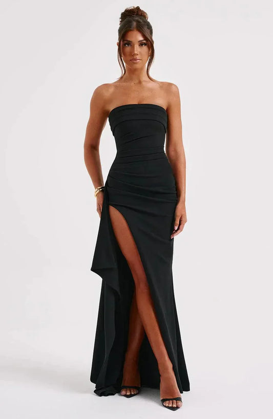 Women's Evening Gown Black Size M Polyester Strapless Thigh-High Slit-1