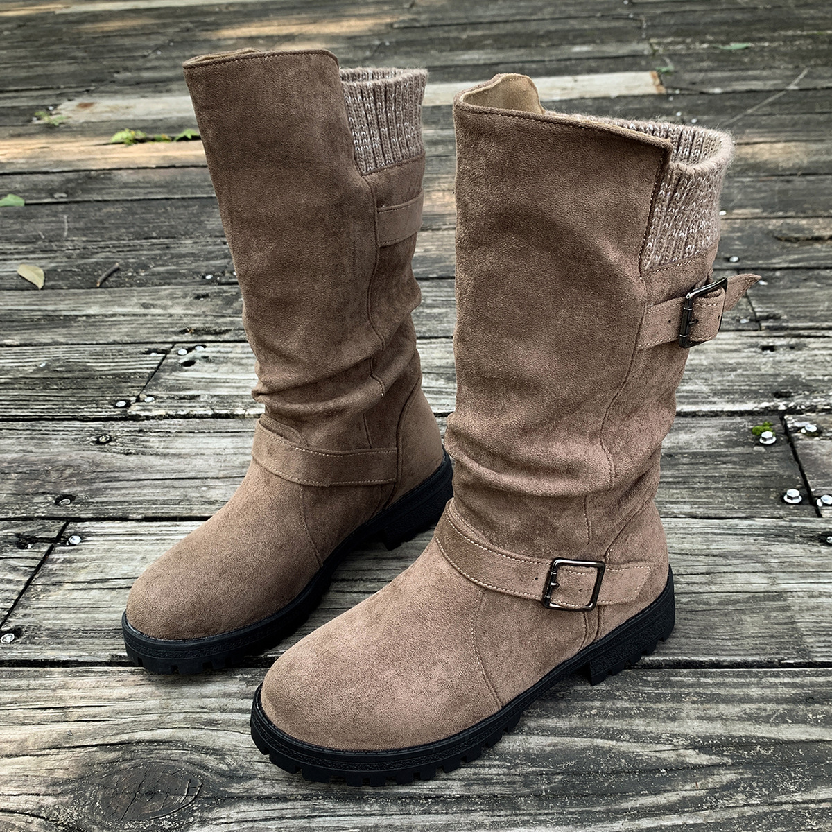 Women's Knit-Panel Mid-Calf Boots in Light Brown – front three-quarter view | Hensley London