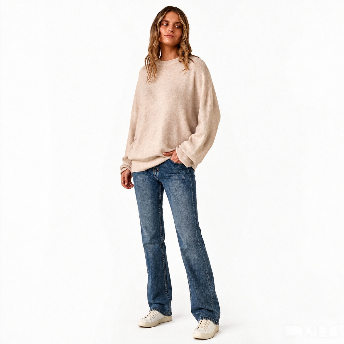 Women's Crew-Neck Knit Jumper in Beige – full-length styling view | Hensley London