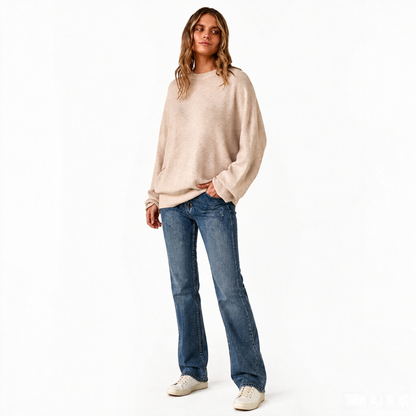 Women's Crew-Neck Knit Jumper in Beige – full-length styling view | Hensley London