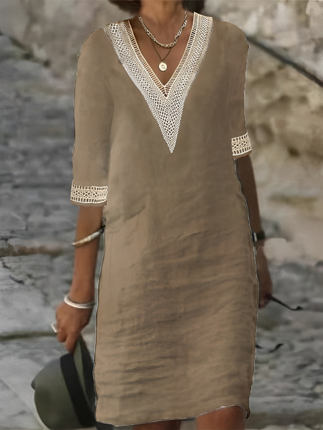 Women's Summer Dress White Linen V-Neck with Lace Detailing-4