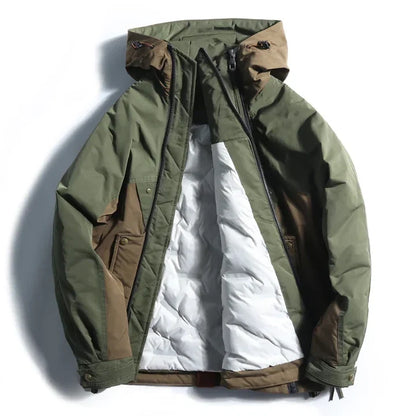 Men's Hooded Colourblock Double-Zip Jacket in Green and brown – open front and lining view | Hensley London