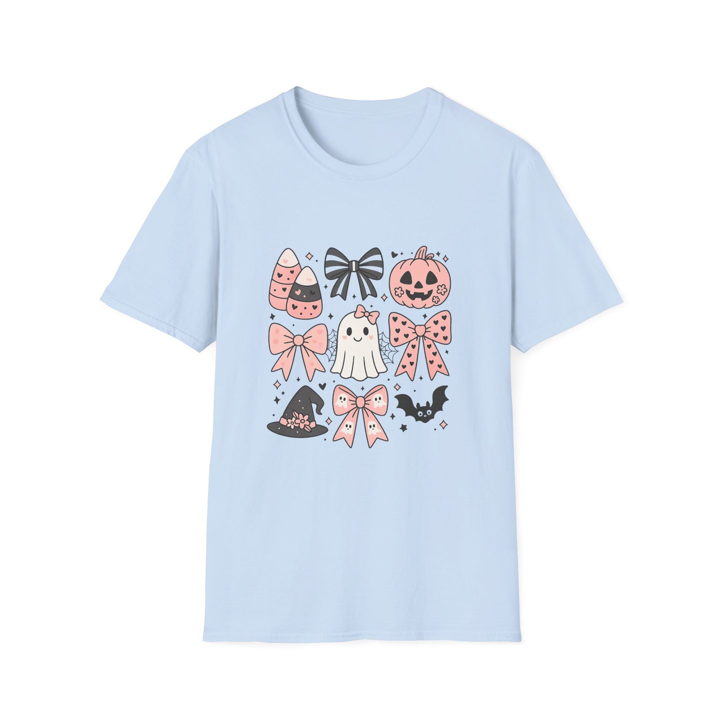 Halloween Themed Unisex Softstyle T-Shirt with Cute Bows and Ghosts, Spooky Shirt, Fall Fashion, Trick or Treat, Gift for Her