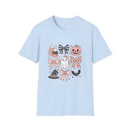 Halloween Themed Unisex Softstyle T-Shirt with Cute Bows and Ghosts, Spooky Shirt, Fall Fashion, Trick or Treat, Gift for Her