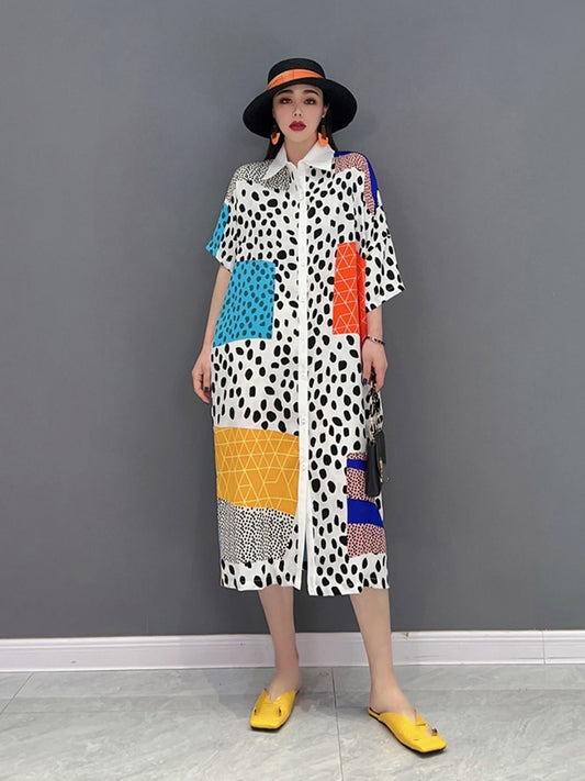 Colorful Patchwork Turn-Down Collar Shirt Dress – front view – Black, White