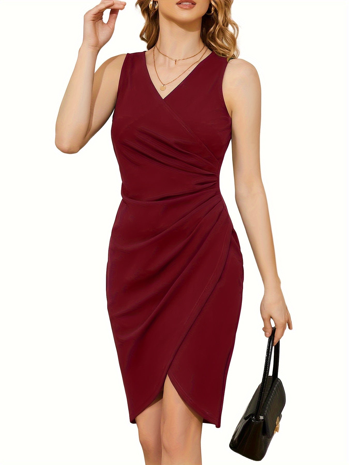 Women's Formal Dress Red Stretch Knit Asymmetrical Hem 3