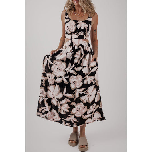 Black Floral Cutout Square Neck Knot Back Sleeveless Maxi Dress