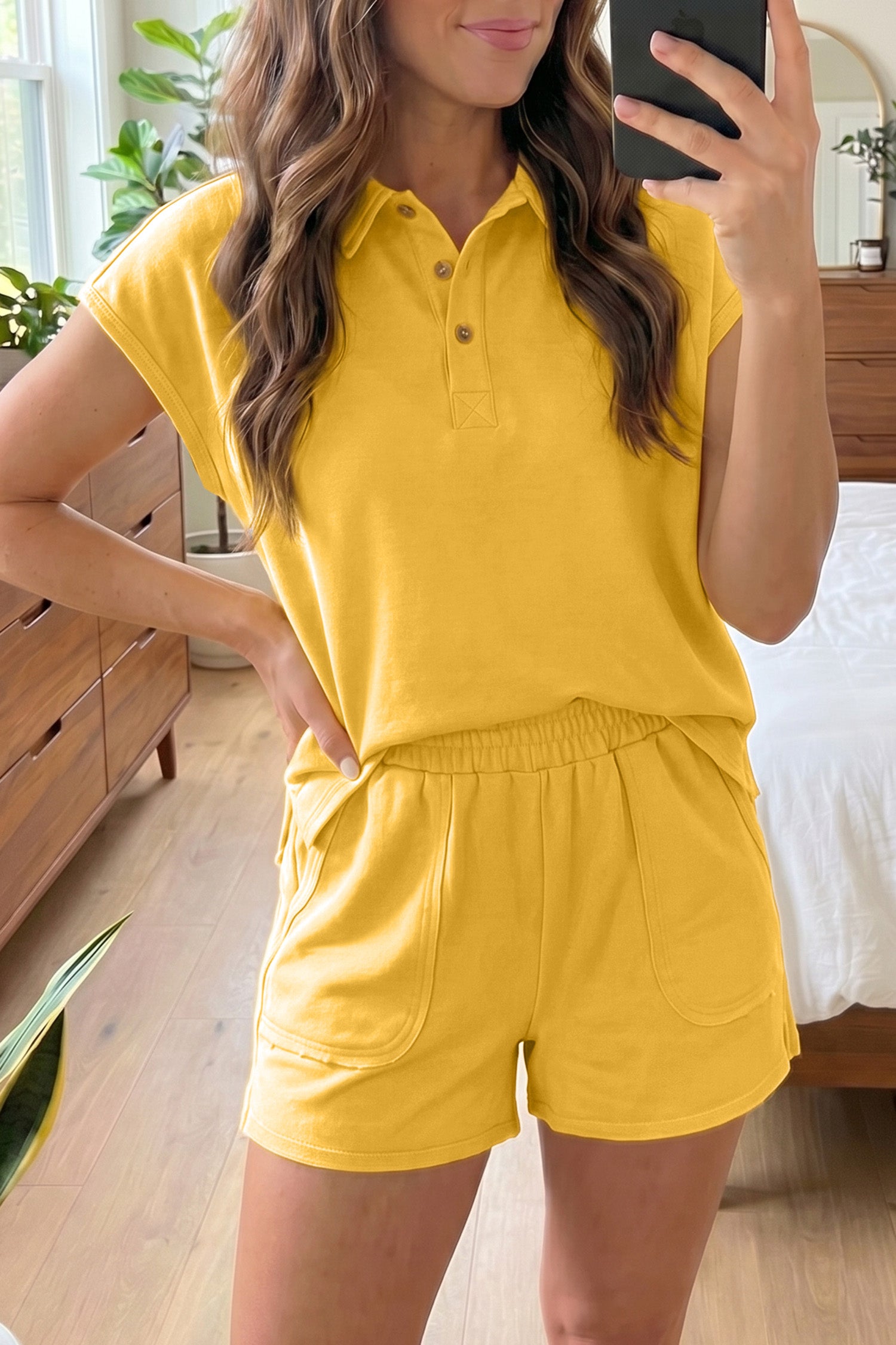 Women's Loose Polo Tee and Shorts Set - View 3 | Hensley London