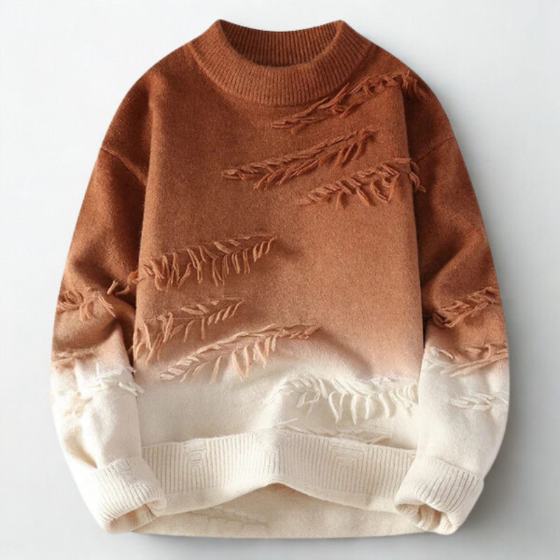 Men's Ombre Crew-Neck Jumper with Frayed Accents in Brown – front product view | Hensley London