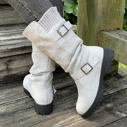 Women's Knit-Panel Mid-Calf Boots in Grey – rear three-quarter view | Hensley London