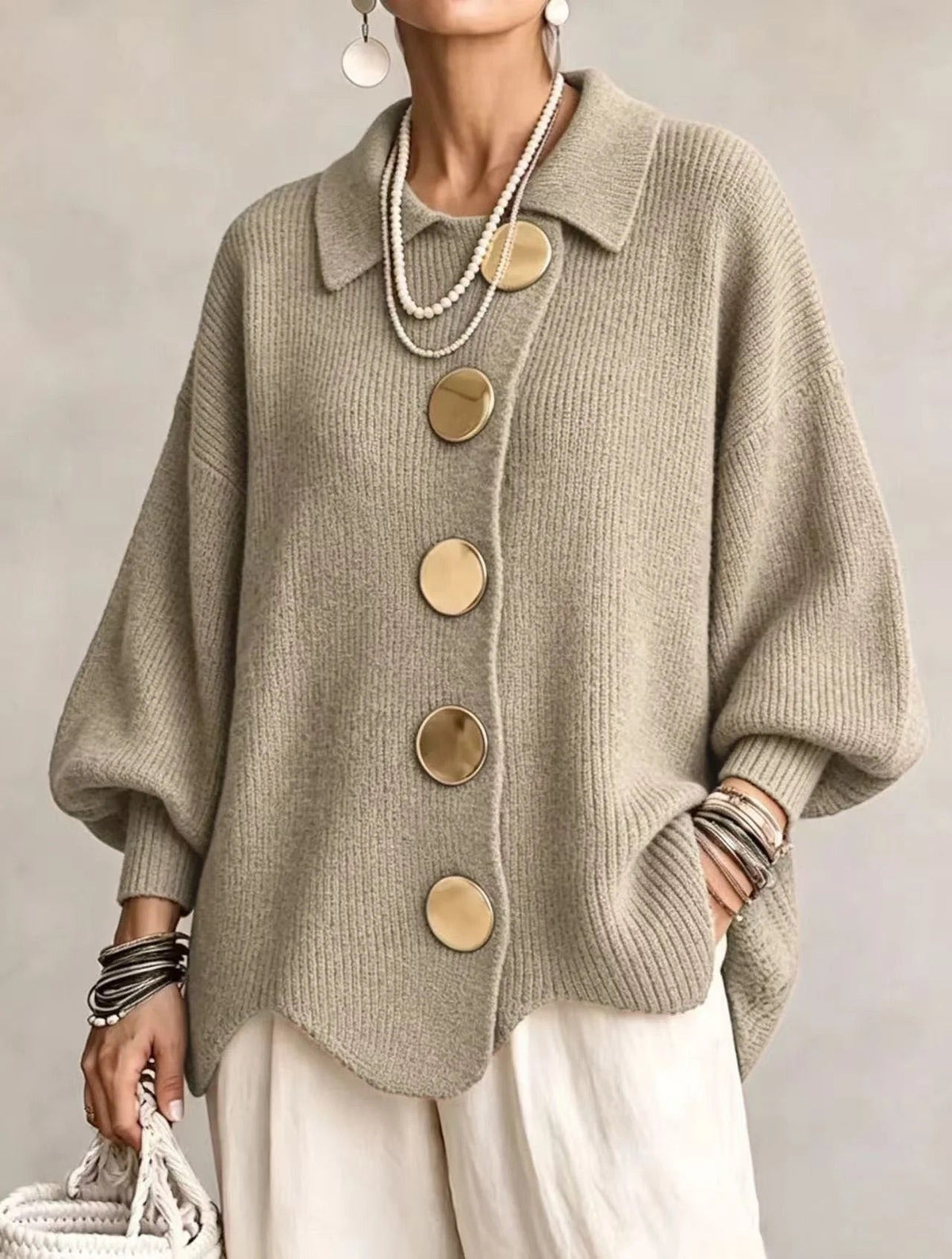 Women's Oversized Collared Knit Cardigan in Khaki – front view on model | Hensley London
