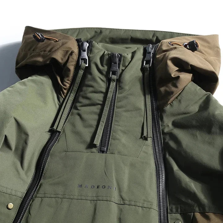 Men's Hooded Colourblock Double-Zip Jacket in Green and brown – hood and zip detail | Hensley London