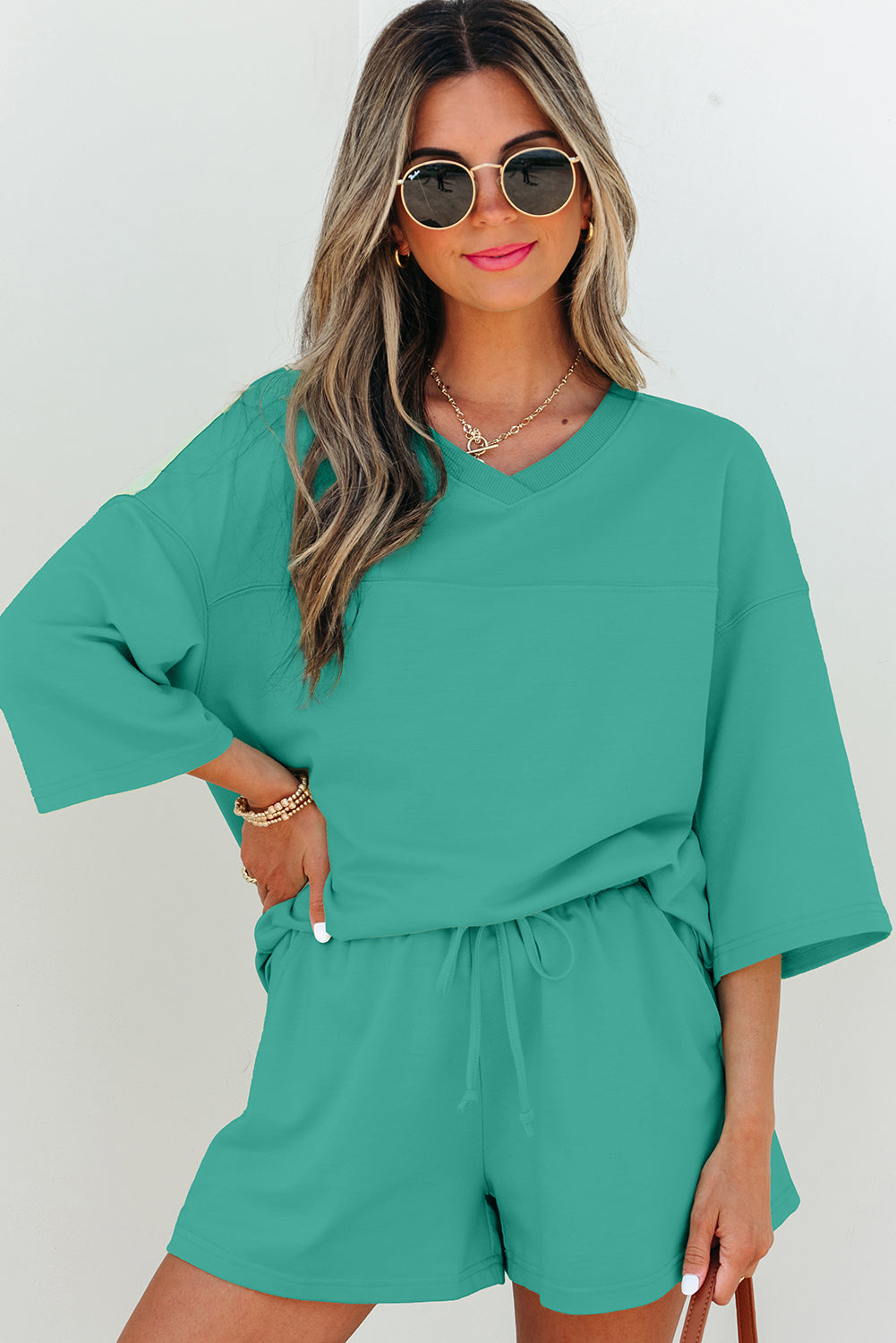 Women's V Neck Half Sleeve Tee and Shorts Set - View 7 | Hensley London