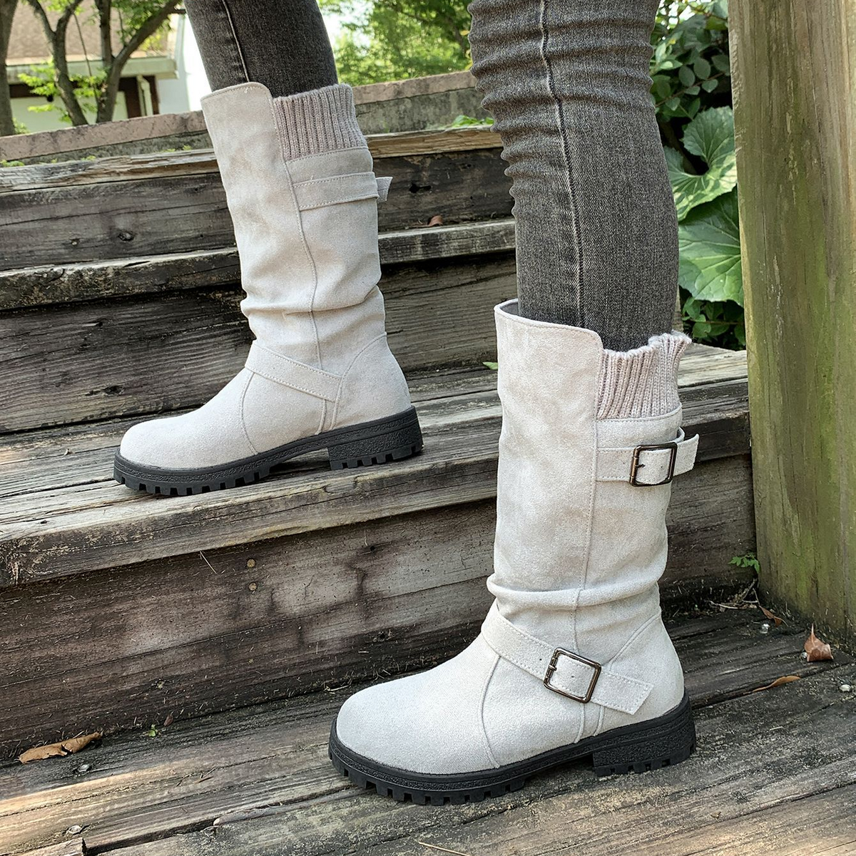 Women's Knit-Panel Mid-Calf Boots in Grey – side view on feet | Hensley London