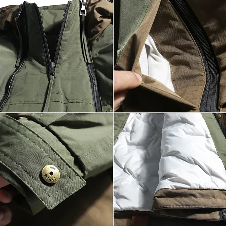 Men's Hooded Colourblock Double-Zip Jacket in Green and brown – construction detail collage | Hensley London