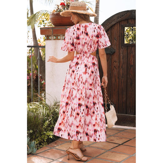 Pink Abstract Printed Flutter Sleeve Daring Cutout Long Dress