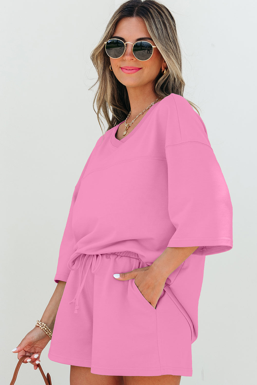 Women's V Neck Half Sleeve Tee and Shorts Set - View 6 | Hensley London