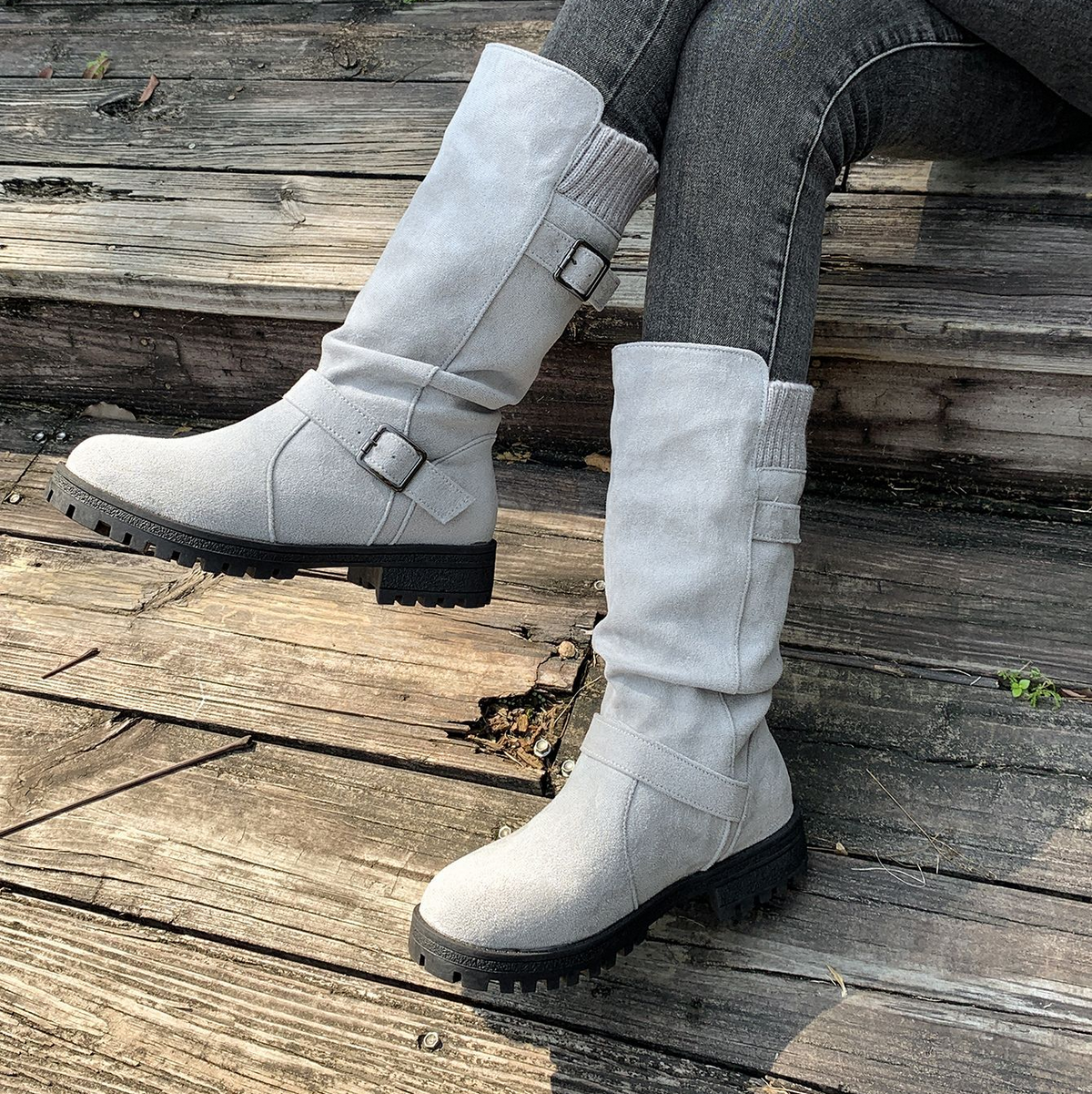 Women's Knit-Panel Mid-Calf Boots in Grey – front three-quarter view on feet | Hensley London
