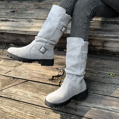 Women's Knit-Panel Mid-Calf Boots in Grey – front three-quarter view on feet | Hensley London