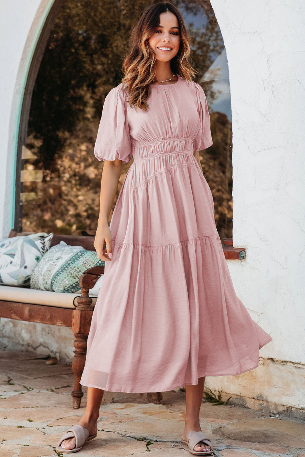 Pink Puff Sleeve Pleated High Waist Flowy Long Dress