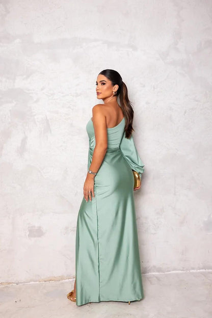 Women's Evening Gown Black Size M Satin One Shoulder High Slit Formal Dress-6