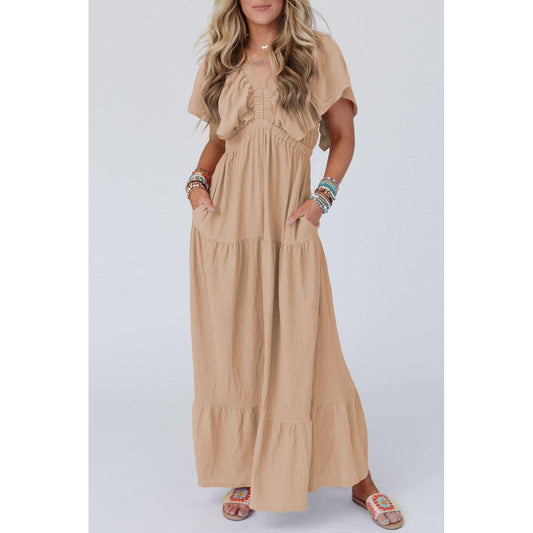 Parchment Textured V Neck Flutter Sleeve Ruffled Maxi Dress