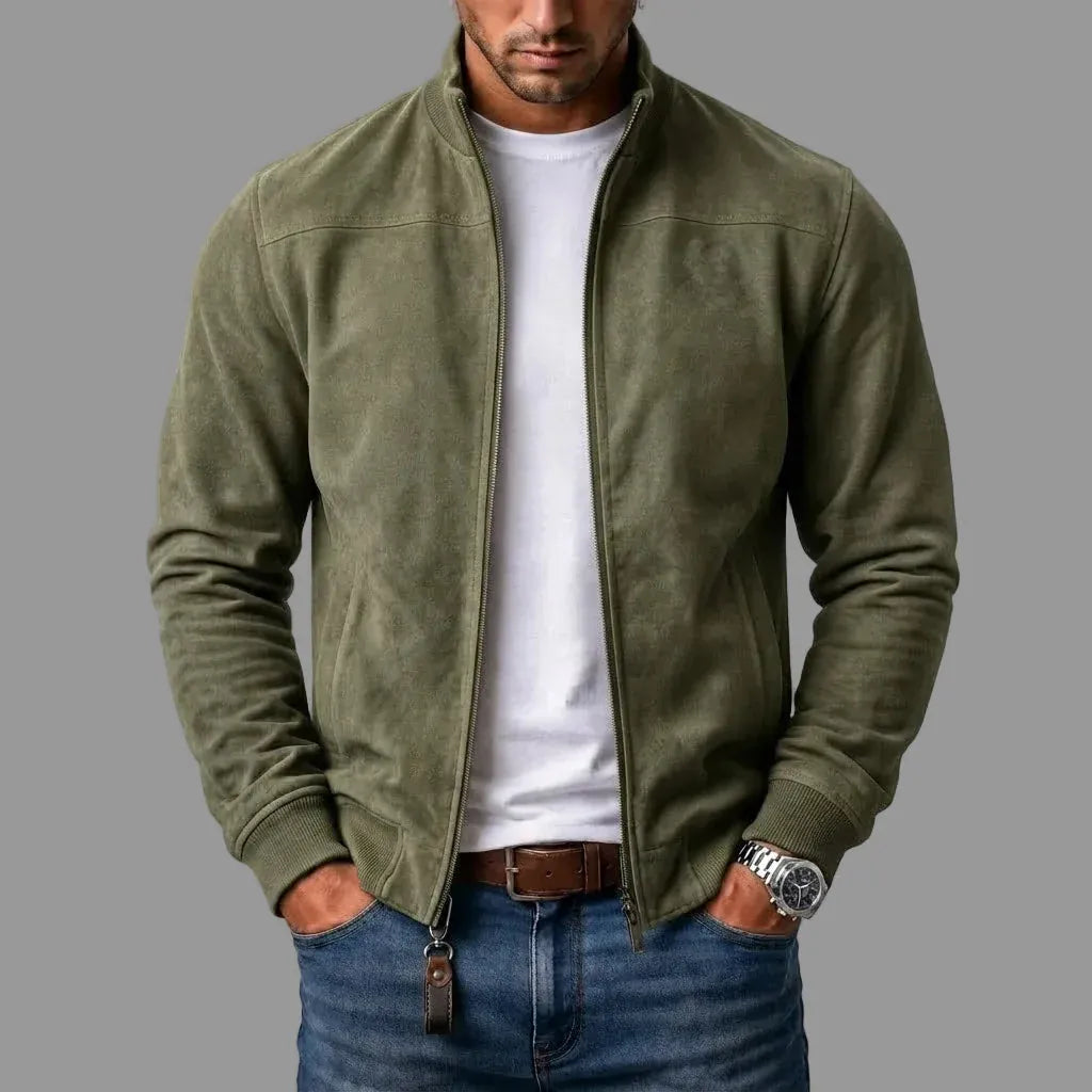 Men's Stand Collar Zip-Up Bomber Jacket in Olive Green – front view on model | Hensley London