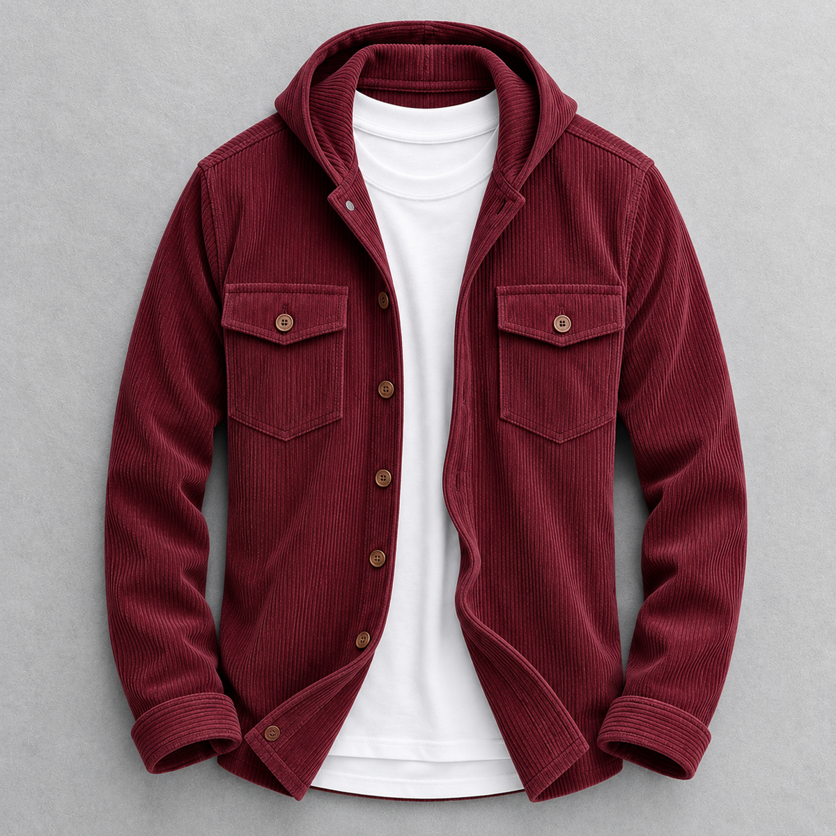 Men's Hooded Corduroy Jacket in Burgundy – front view | Hensley London