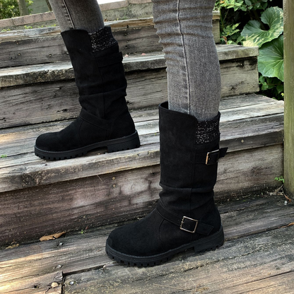 Women's Knit-Panel Mid-Calf Boots in Black – side view on feet | Hensley London