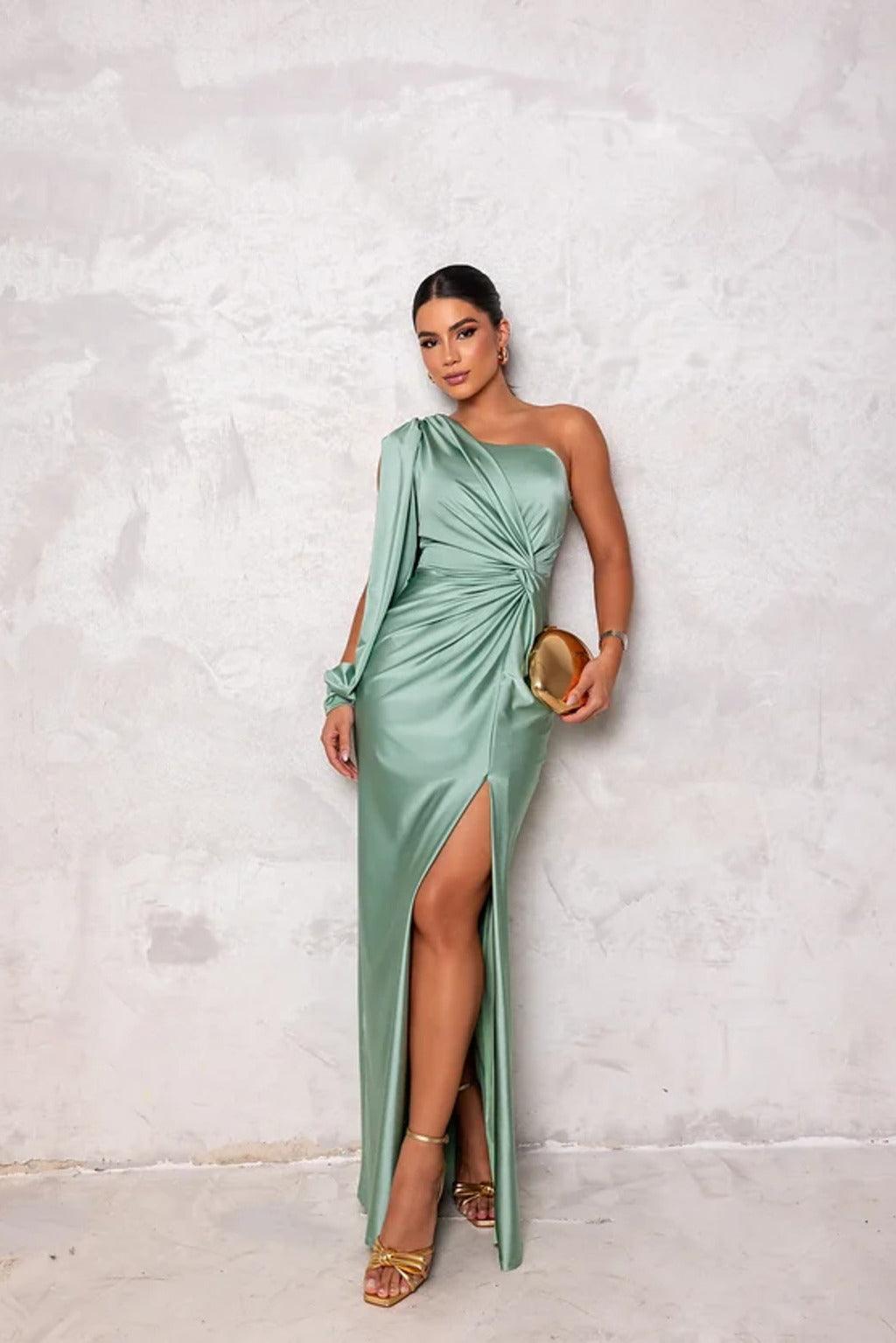 Women's Evening Gown Black Size M Satin One Shoulder High Slit Formal Dress-5
