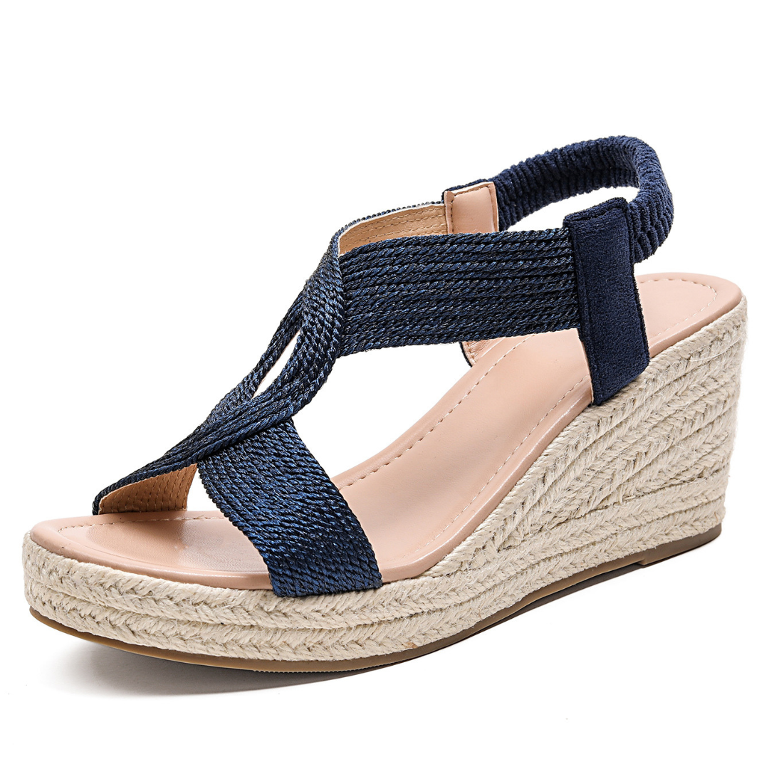 Women's Braided Strap Wedge Sandals in Royal Blue – product three-quarter view | Hensley London