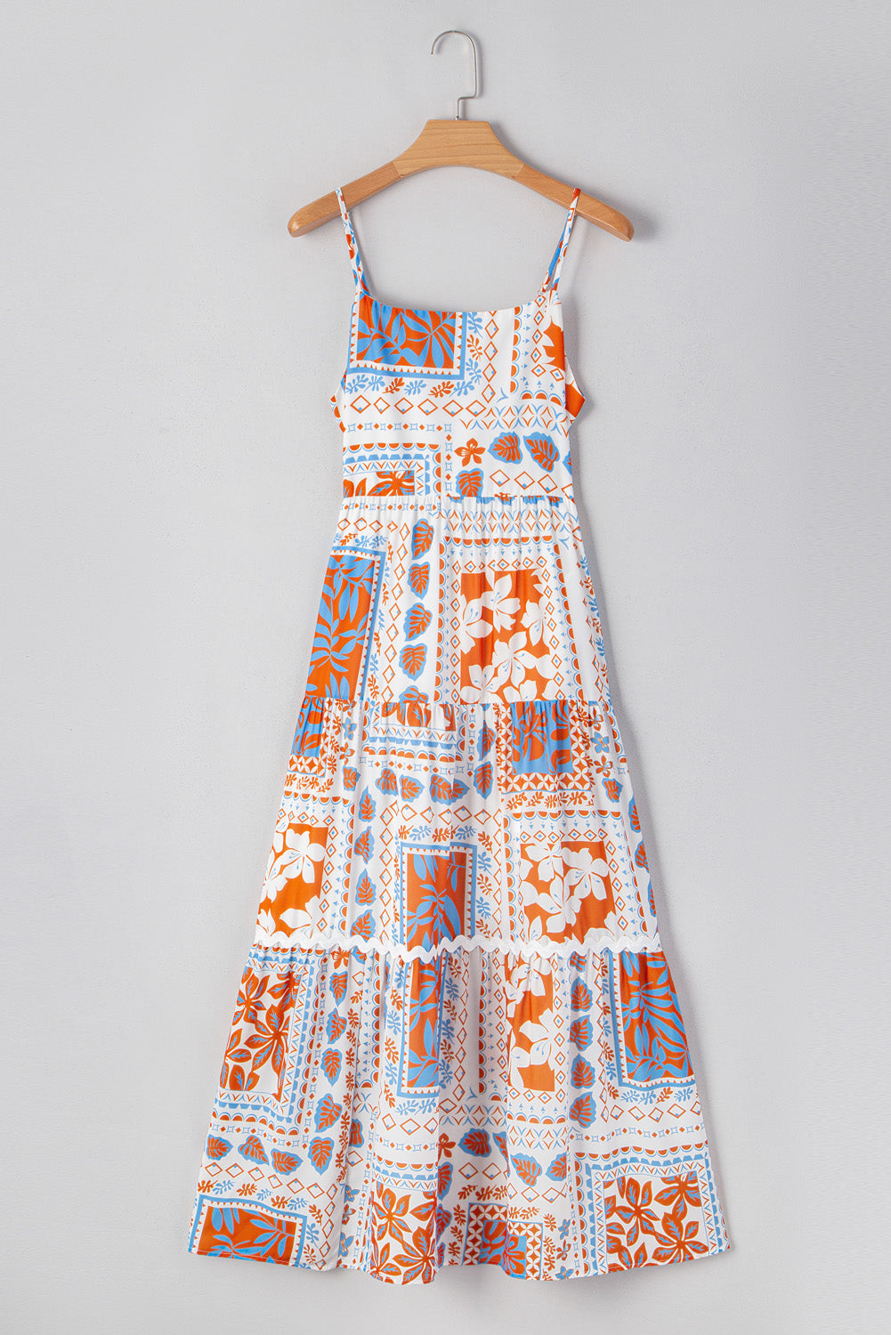 Orange Multi Printed Ricrac Trim Spaghetti Straps Maxi Dress