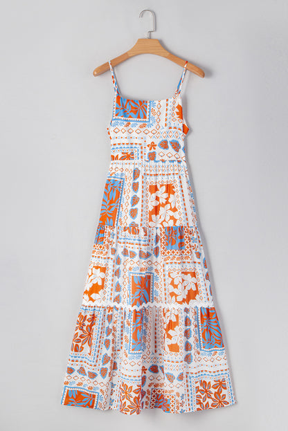 Orange Multi Printed Ricrac Trim Spaghetti Straps Maxi Dress