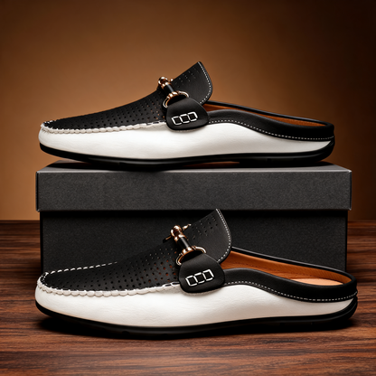 Men's Leather Open-Heel Driving Mules – front view | Hensley London