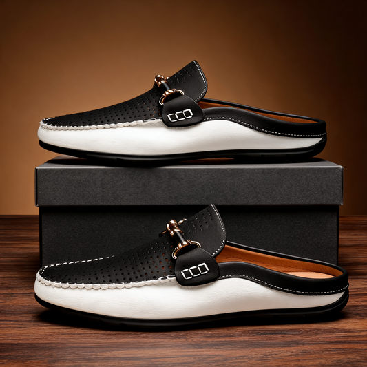 Men's Leather Open-Heel Driving Mules – front view | Hensley London