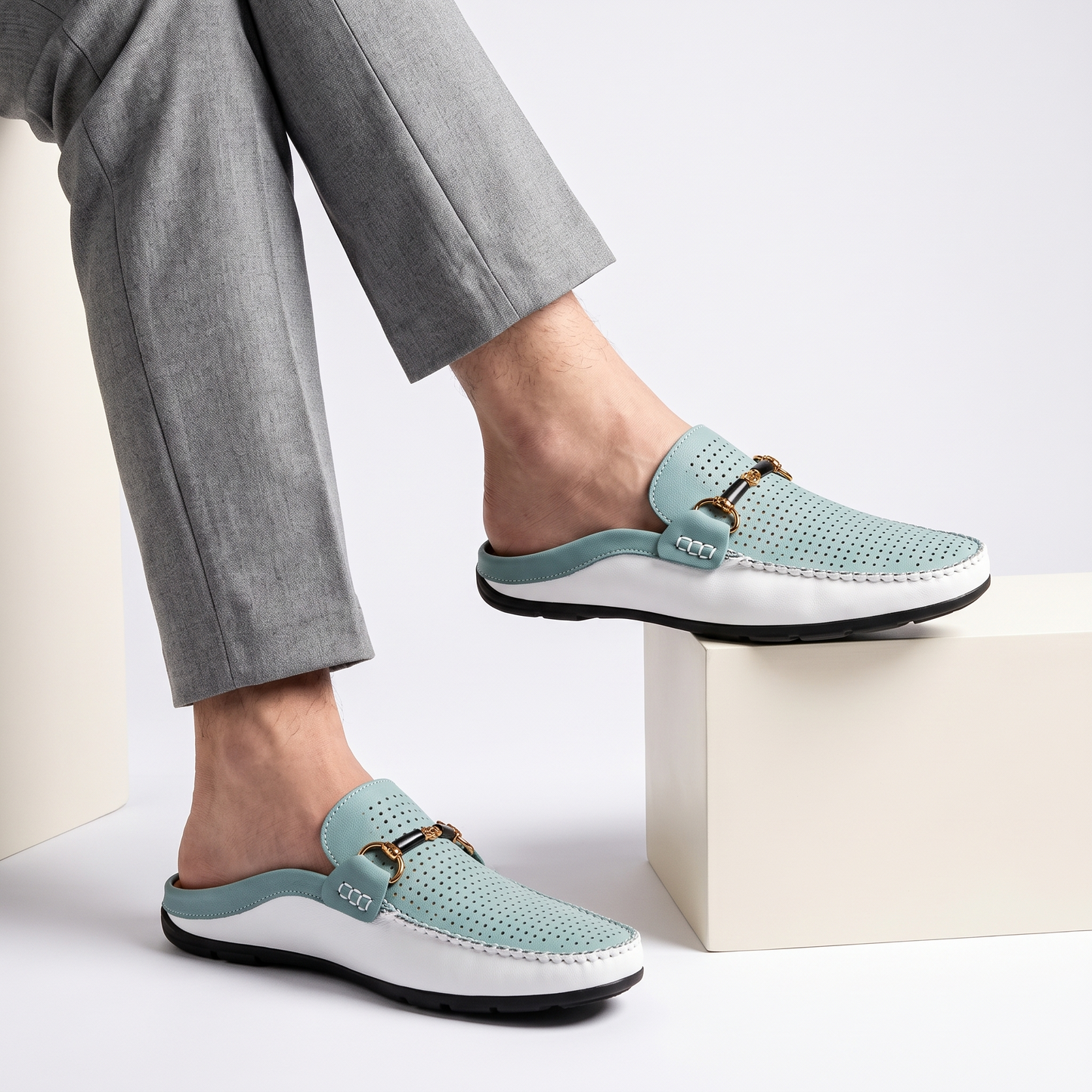 Men's Leather Open-Heel Driving Mules – angled view | Hensley London