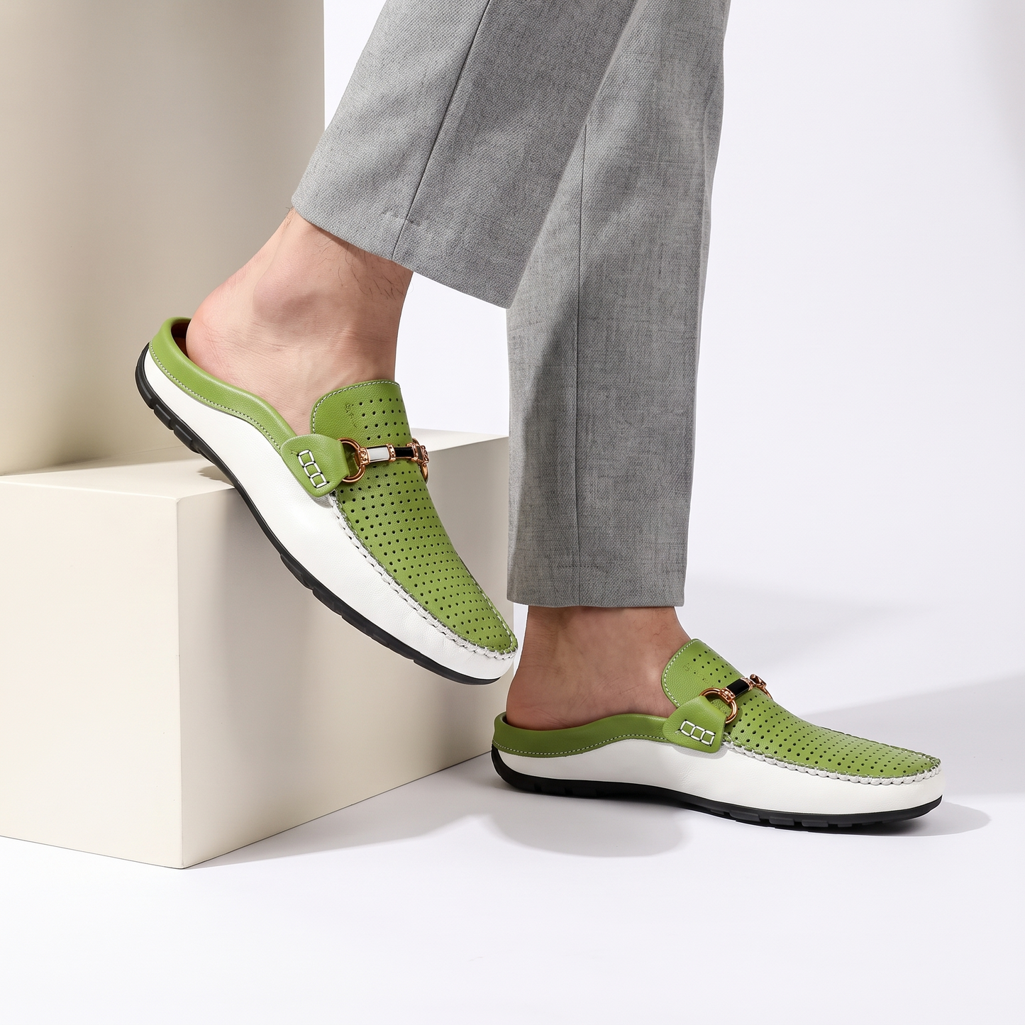Men's Leather Open-Heel Driving Mules – detail view | Hensley London