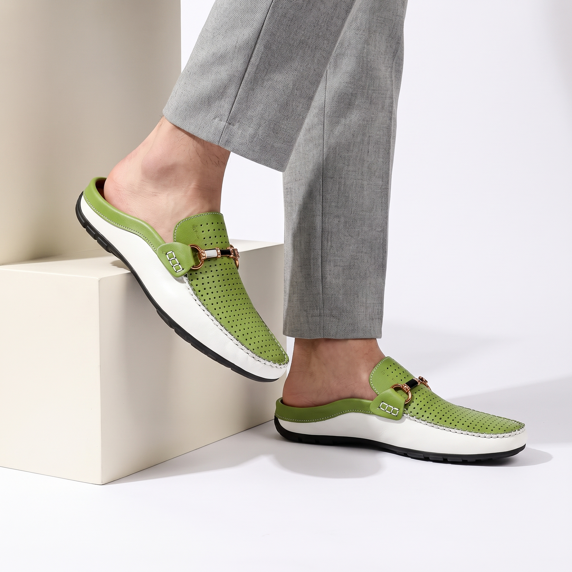 Men's Leather Open-Heel Driving Mules – detail view | Hensley London