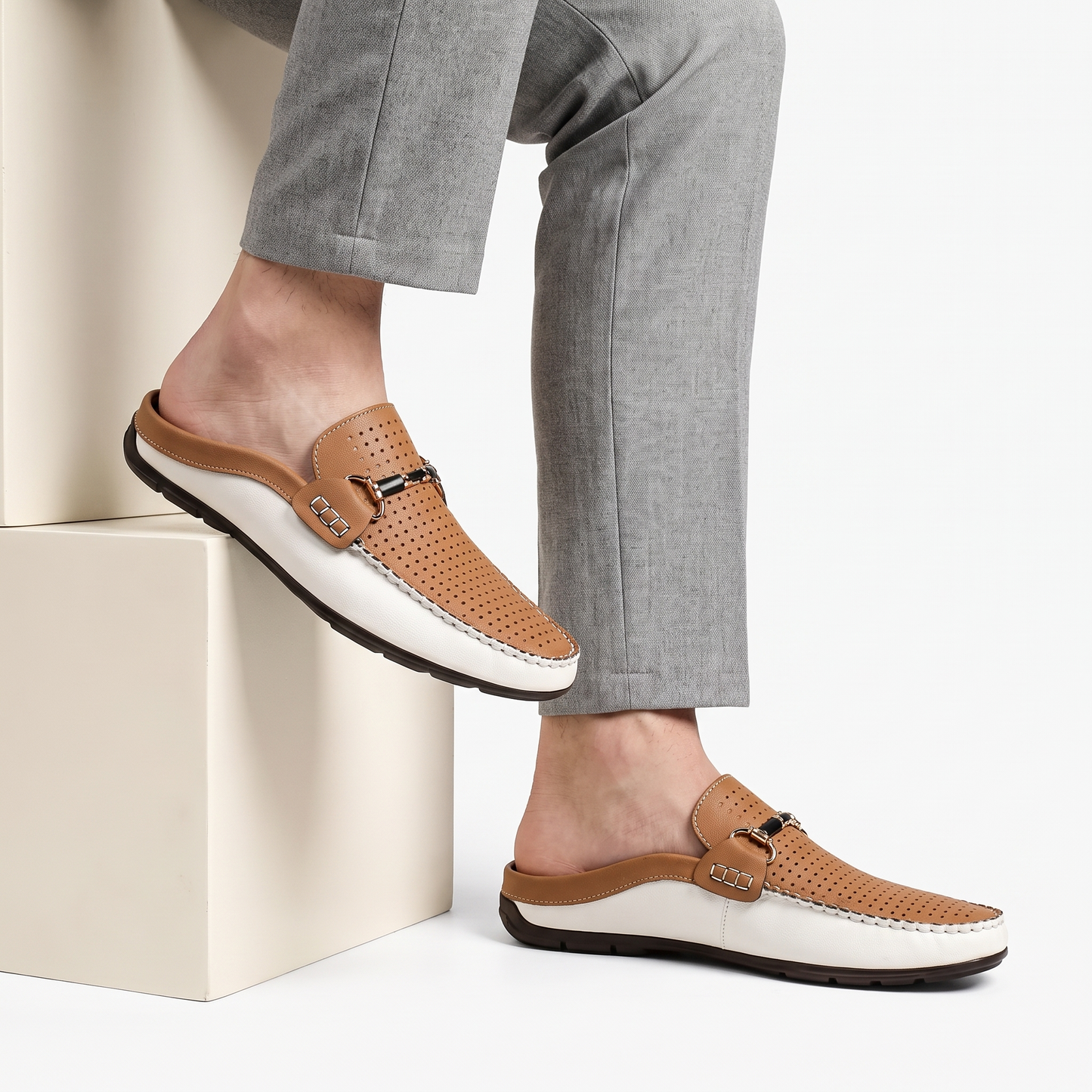 Men's Leather Open-Heel Driving Mules – top view | Hensley London