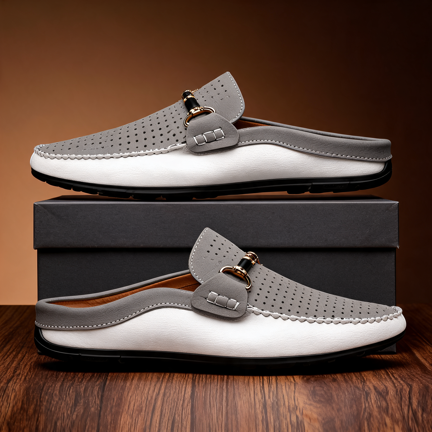 Men's Leather Open-Heel Driving Mules – styled view | Hensley London