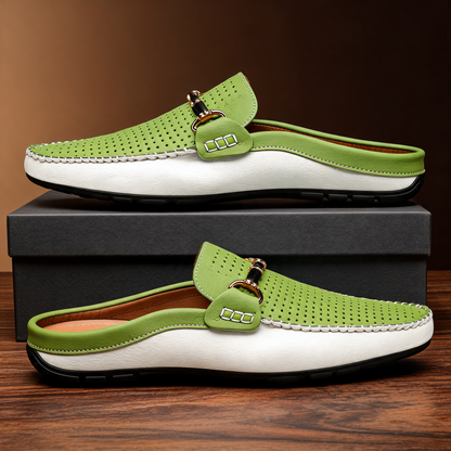 Men's Leather Open-Heel Driving Mules – close-up view | Hensley London