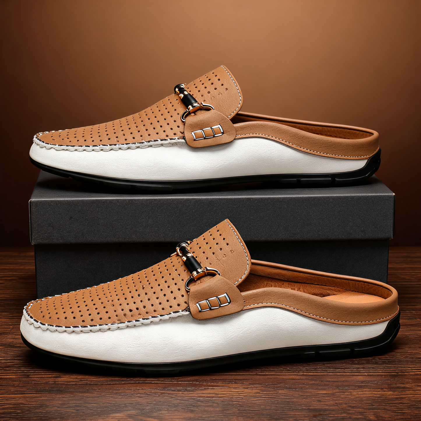 Men's Leather Open-Heel Driving Mules – lifestyle view | Hensley London
