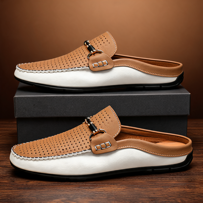 Men's Leather Open-Heel Driving Mules – lifestyle view | Hensley London