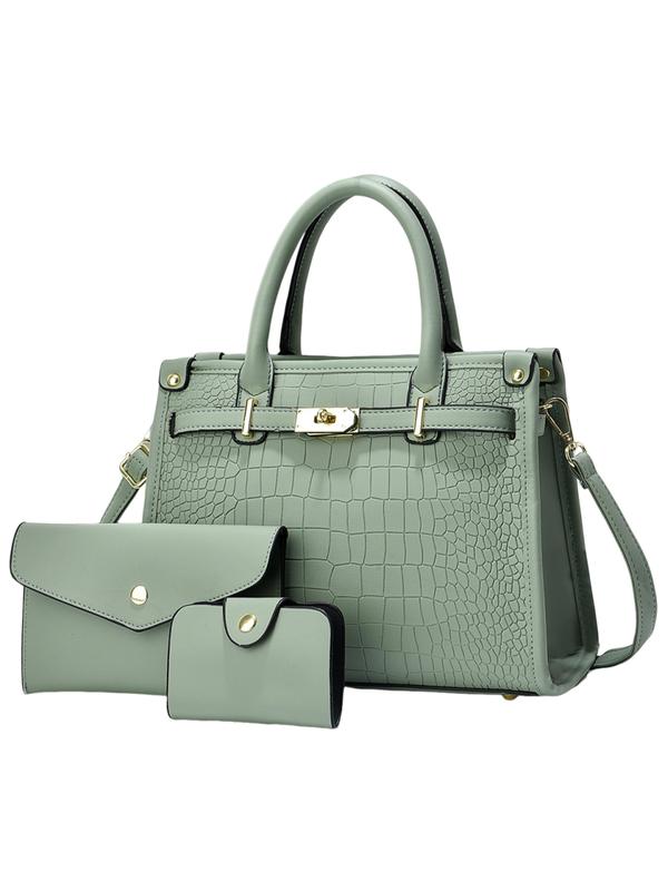 Women's Croc Embossed Crossbody Handbag Set in Pale Green – front view | Hensley London